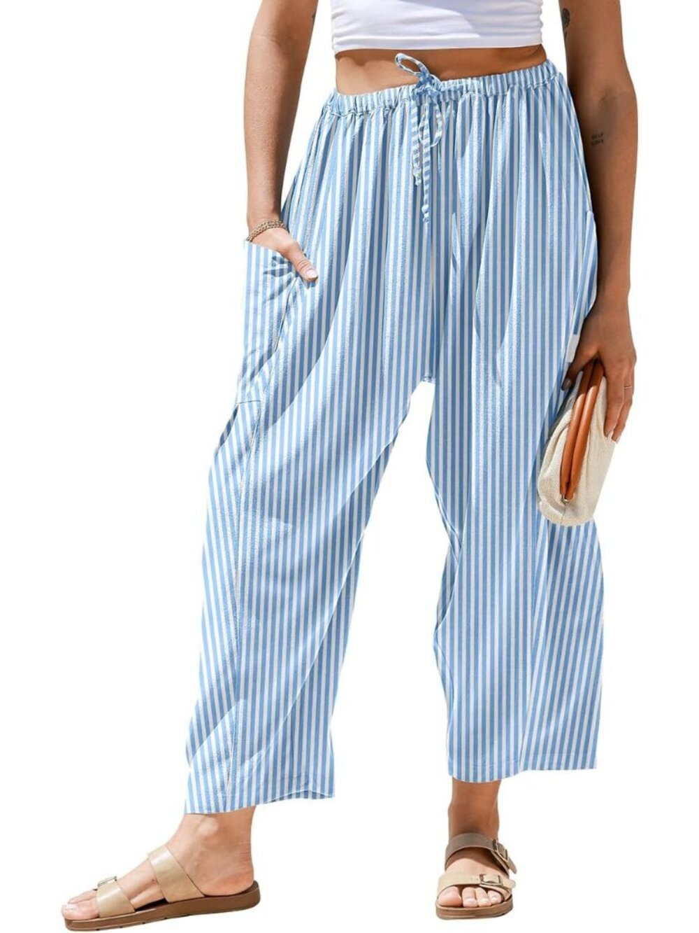 Women's Blue White Linen Wide Leg Striped Palazzo Harem Walking Holiday Pants